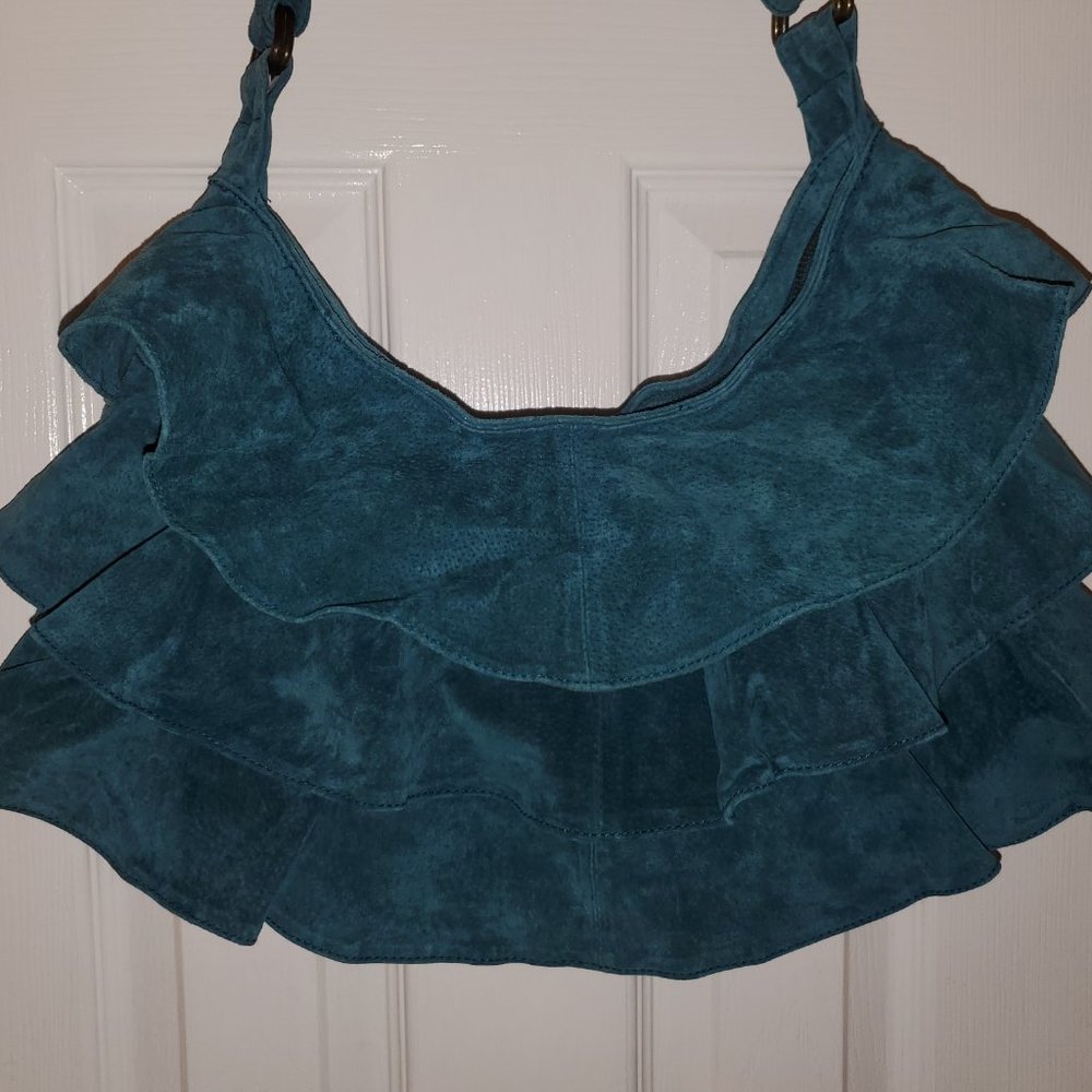 Vintage Lizden Teal Scalloped Leather Suede Handbag